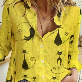 Butterfly Print Button Front Shirt, Casual Long Sleeve Shirt For Spring & Fall, Women's Clothing