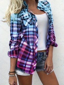 Colorful Plaid Print Shirt, Casual Long Sleeve Button Front Shirt With A Collar, Women's Clothing