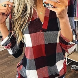 Casual Plaid Shirt, Long Sleeve V-neck Shirt,  Casual Every Day Tops, Women's Clothing