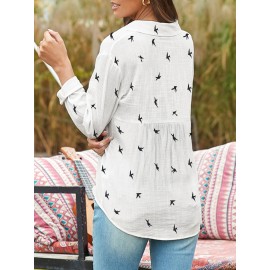 Bird Print Button Front Shirt, Casual Long Sleeve Shirt For Spring & Fall, Women's Clothing