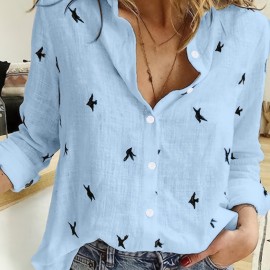 Bird Print Button Front Shirt, Casual Long Sleeve Shirt For Spring & Fall, Women's Clothing