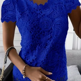Lace Crew Neck T-Shirt, Elegant Short Sleeve T-Shirt For Spring & Summer, Women's Clothing