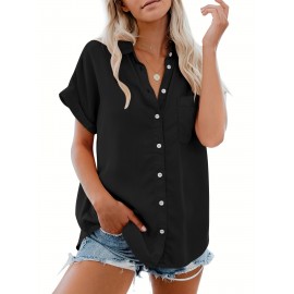 V Neck Collared Button Blouses, Casual Pocket Short Sleeve Fashion Loose Shirt, Women's Clothing