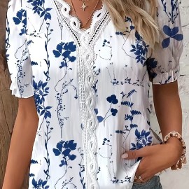 Floral Print Lace Trim Blouse, Vacation Striped V Neck Short Sleeve Blouse, Women's Clothing