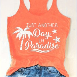 Coconut Tree & Letter Print Tank Top, Sleeveless Crew Neck Tank Top, Casual Every Day Tops, Women's Clothing