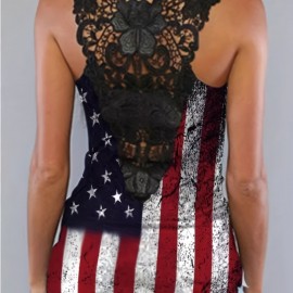 Graphic Print Contrast Lace Tank Top, Casual Crew Neck Sleeveless Tank Top For Summer, Women's Clothing