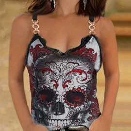 Floral Print Chain Linked Top, Sexy Contrast Lace Summer Sleeveless Top, Women's Clothing