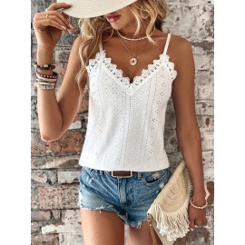 Eyelet Contrast Lace Cami Top, Casual V-neck Spaghetti Strap Top For Summer, Women's Clothing