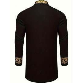 Totem Print Men's Long Sleeve Stand Collar Shirt, Ethnic Style Male Shirt For Spring Fall