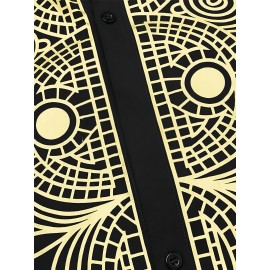 Totem Print Men's Long Sleeve Stand Collar Shirt, Ethnic Style Male Shirt For Spring Fall