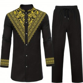 Men's African Dashiki Shirt Metallic Floral Printed Slim Fit Long Sleeve Hoodies Shirts