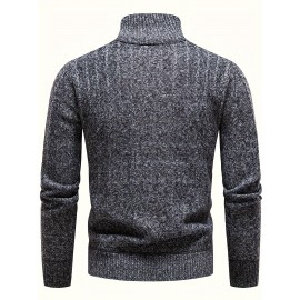 Turtle Neck With Zipper Knitted Texture Sweater, Men's Casual Warm Solid Color Mid Stretch Pullover Sweater For Fall Winter