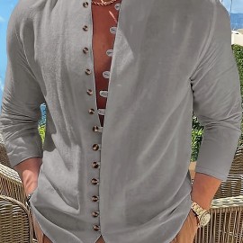 Retro Style Men's Casual Solid Long Sleeve Shirt, Men's Clothes For Spring Summer Autumn, Tops For Men