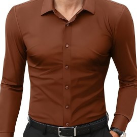 Basic Solid Men's Daily Stretch Formal Dress, Men's Slim Fit Long Sleeve Button Up Shirt, Spring Fall